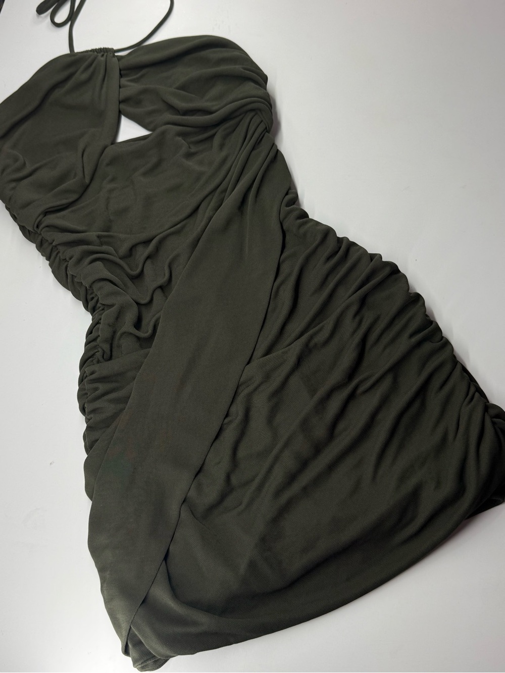 Zara Olive Halter Backless Ruched Dress